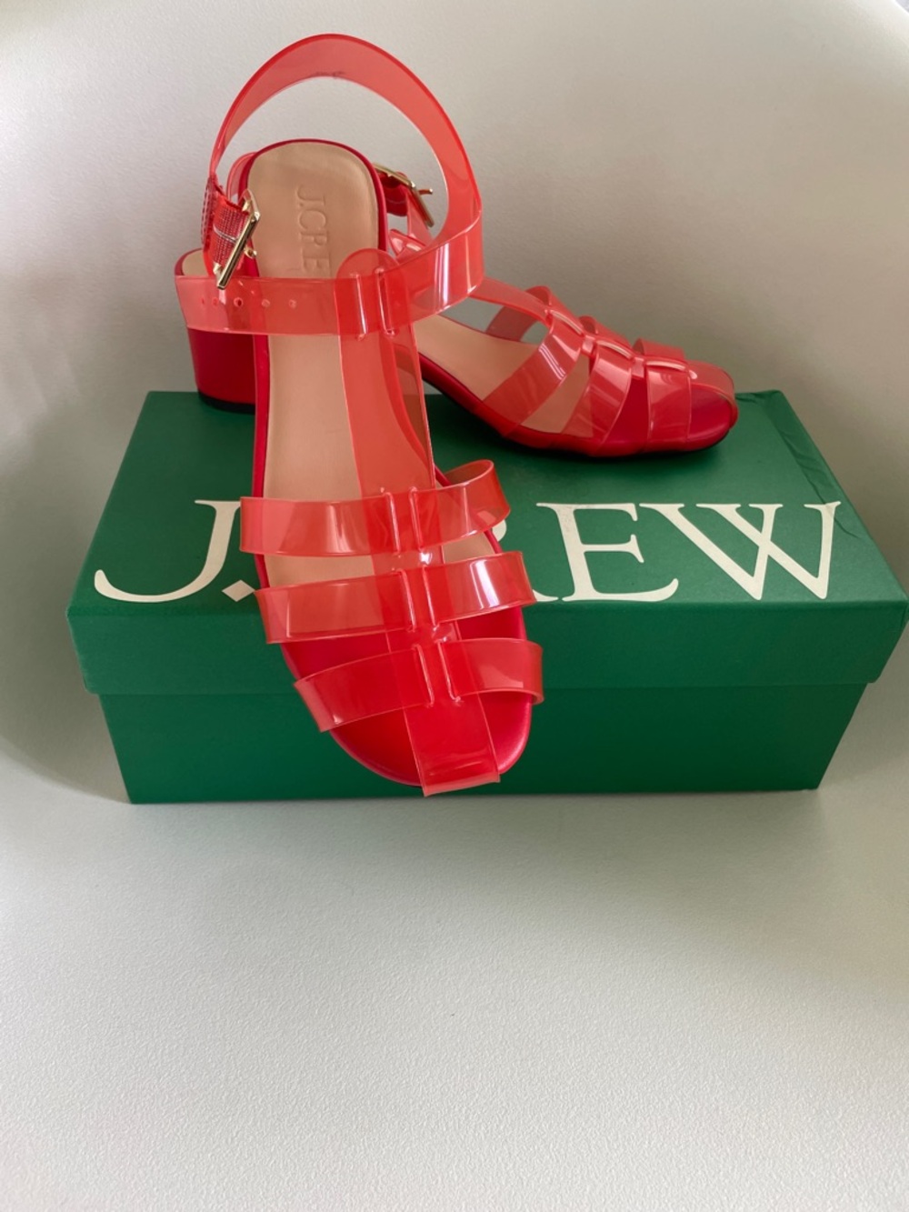 J. Crew Coral-Red Strappy Jelly Block Heel Sandals size 8